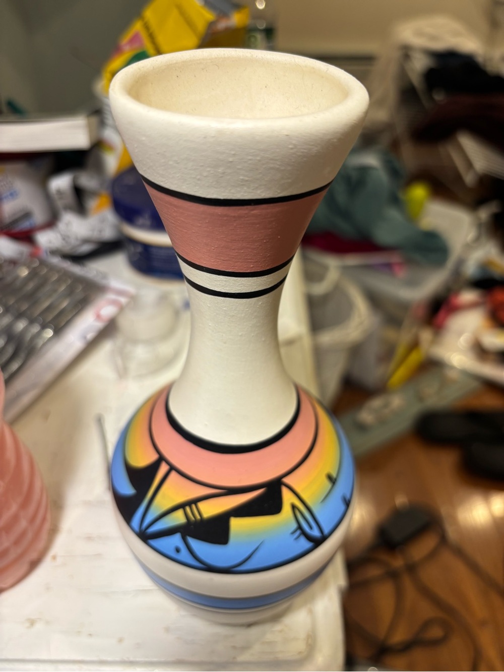 Hand-Painted Ceramic Vase in Pink, Blue & Yellow- Southwestern
